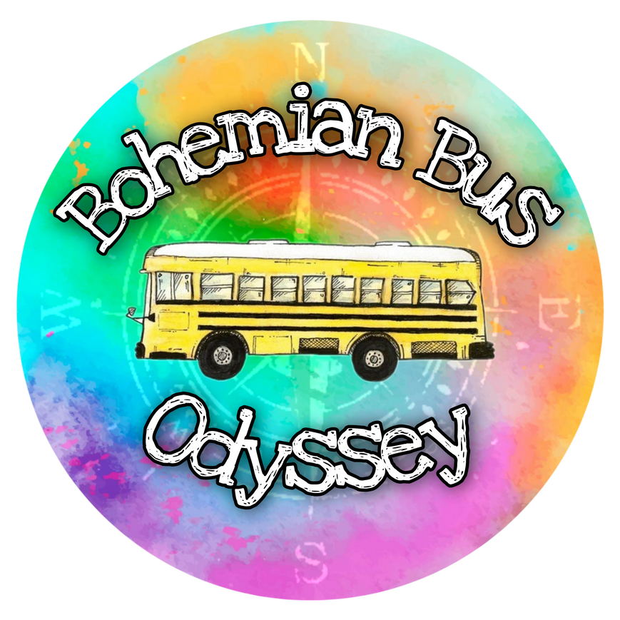 A logo that I created for a brand. Circle of rainbow tie-dye with a yellow school bus in the center, surrounded by the words, "Bohemian Bus Odyssey".
