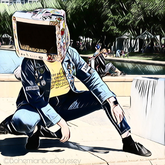 A photo I took and edited. A person wearing a tv on their head in a crouched pose, edited to look like a cartoon.