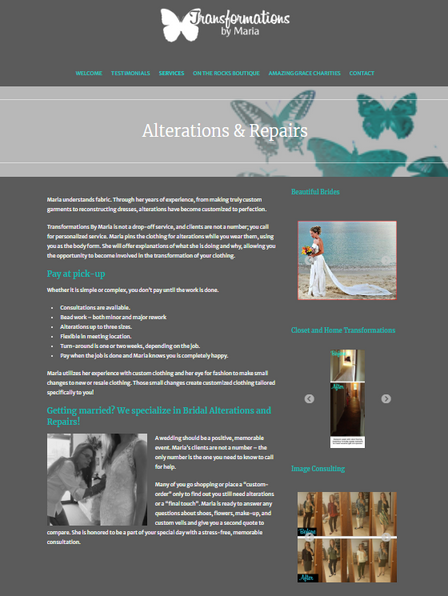 Screenshot of a website featuring an image of a tailor and butterflies.  