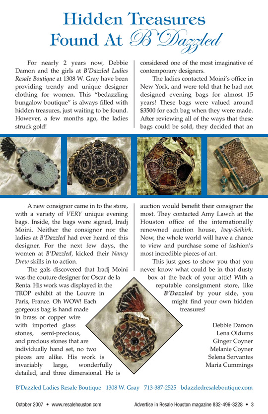 Screenshot of an article about hidden treasures found at a resale store.  Pictures of rhinestone-covered purses are shown in the article.